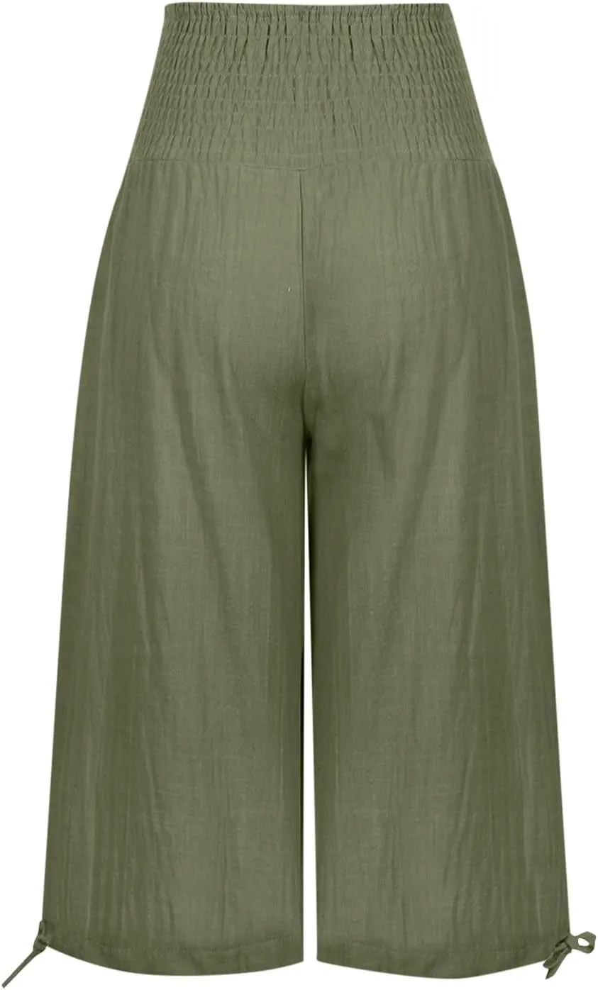 YRAETENM Women's Capri Pants Drawstring Elastic Waisted Cotton Linen Pants Loose Casual Wide Leg Capris Trousers with Pockets
