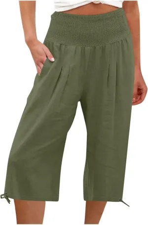 YRAETENM Women's Capri Pants Drawstring Elastic Waisted Cotton Linen Pants Loose Casual Wide Leg Capris Trousers with Pockets