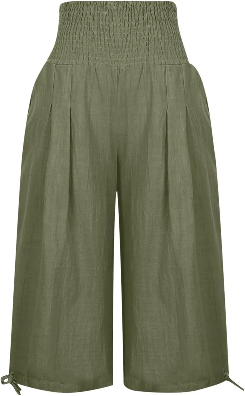 YRAETENM Women's Capri Pants Drawstring Elastic Waisted Cotton Linen Pants Loose Casual Wide Leg Capris Trousers with Pockets