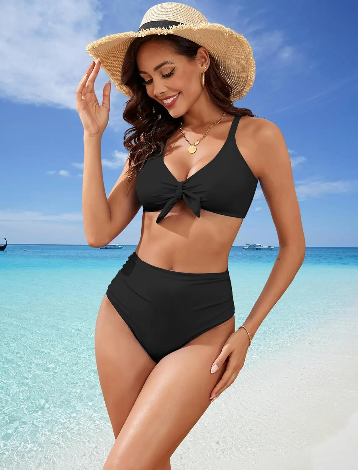 ZAFUL High Waisted Bikini Sets for Women Tummy Control Swimsuits Tie Knot High Rise 2025 Two Piece Bathing Suits