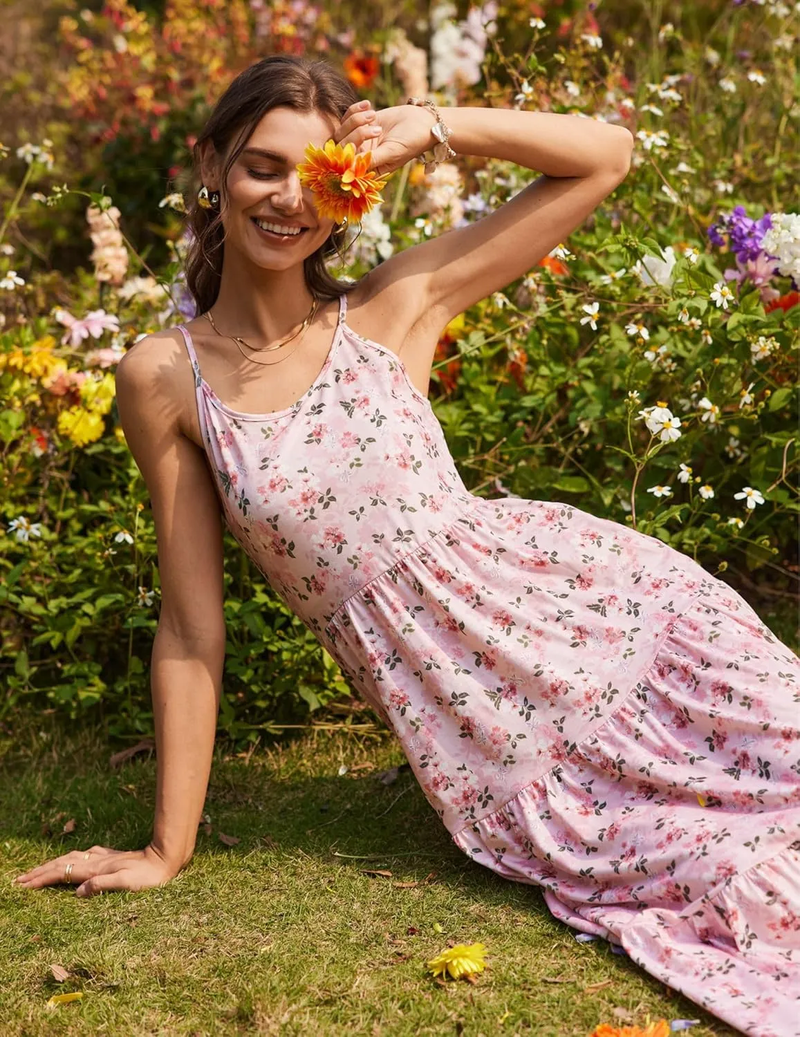 Zeagoo Womens Summer Long Dress Adjustable Spaghetti Strap Floral Casual Dress with Pockets Flowy Tiered Beach Sundress