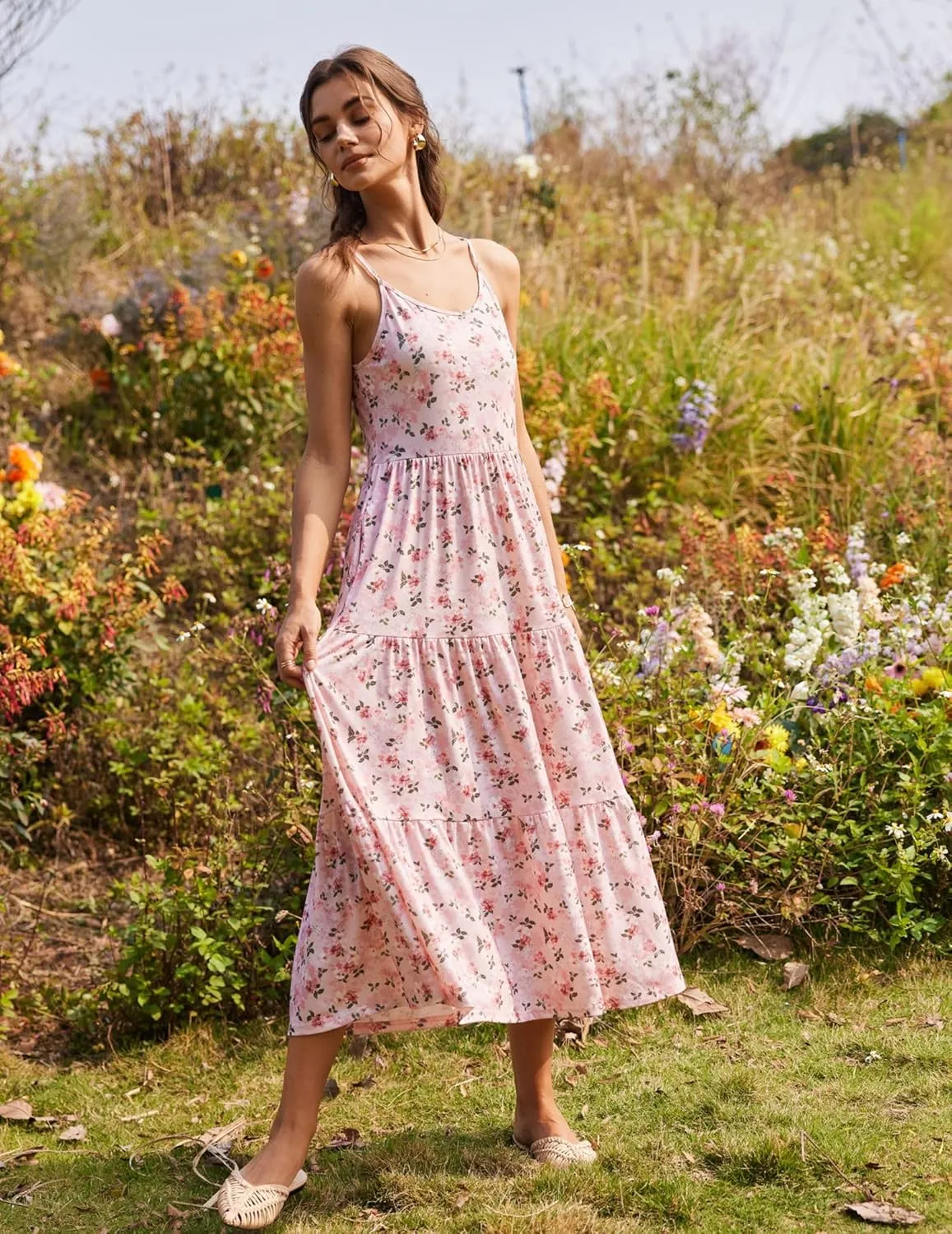 Zeagoo Womens Summer Long Dress Adjustable Spaghetti Strap Floral Casual Dress with Pockets Flowy Tiered Beach Sundress