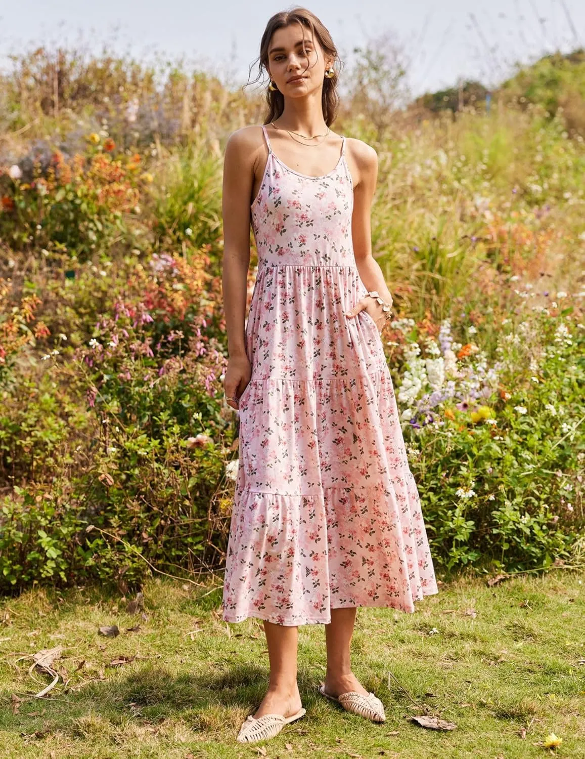 Zeagoo Womens Summer Long Dress Adjustable Spaghetti Strap Floral Casual Dress with Pockets Flowy Tiered Beach Sundress