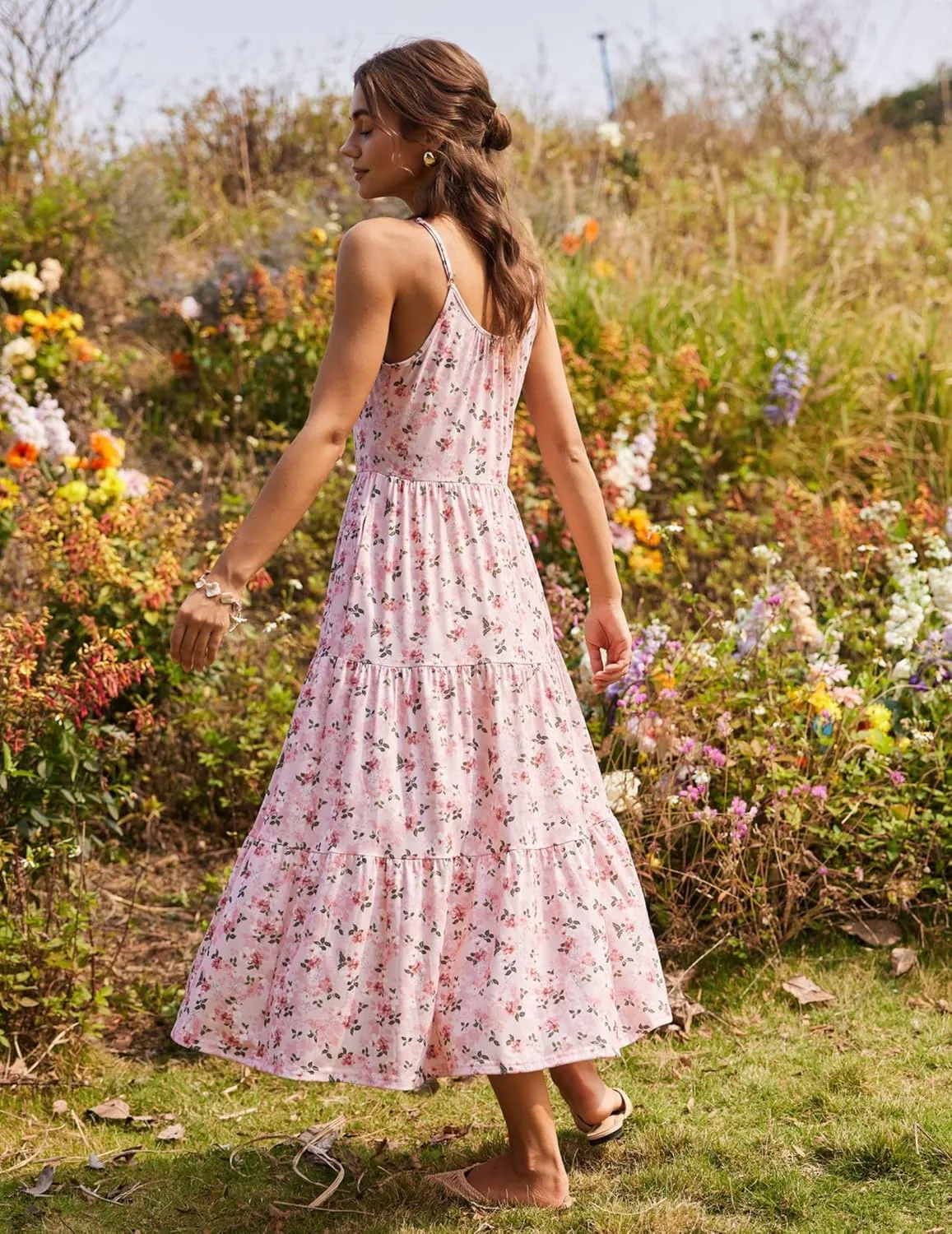 Zeagoo Womens Summer Long Dress Adjustable Spaghetti Strap Floral Casual Dress with Pockets Flowy Tiered Beach Sundress