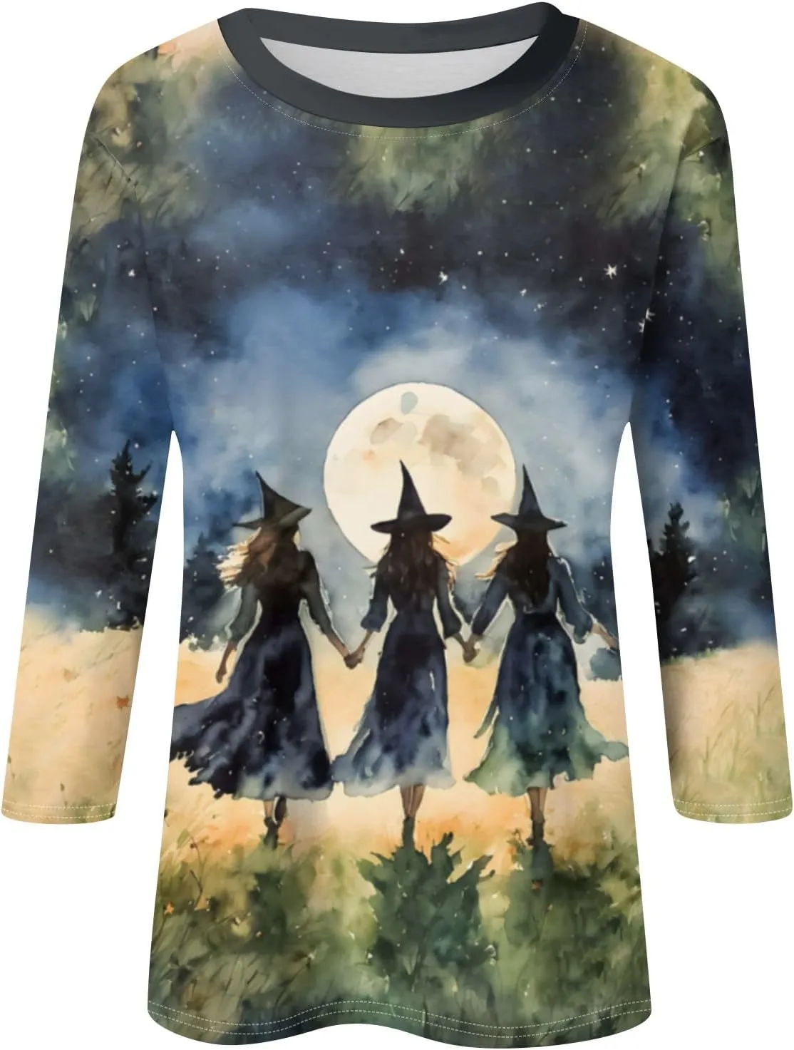 ZEFOTIM Womens Halloween Tops 3/4 Length Sleeve Crewneck Casual Scary Funny Shirts Ghost Bat Witch Tops