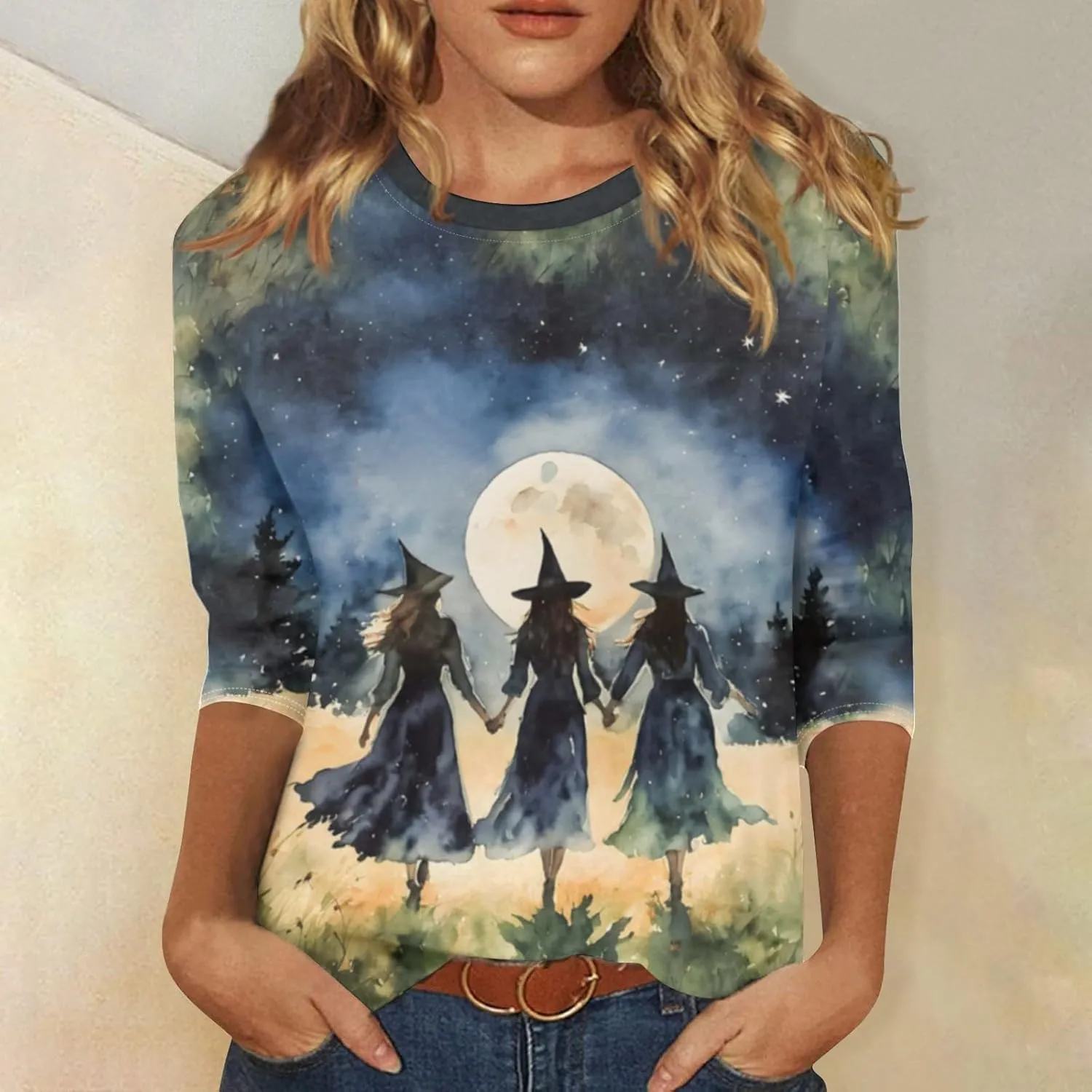 ZEFOTIM Womens Halloween Tops 3/4 Length Sleeve Crewneck Casual Scary Funny Shirts Ghost Bat Witch Tops