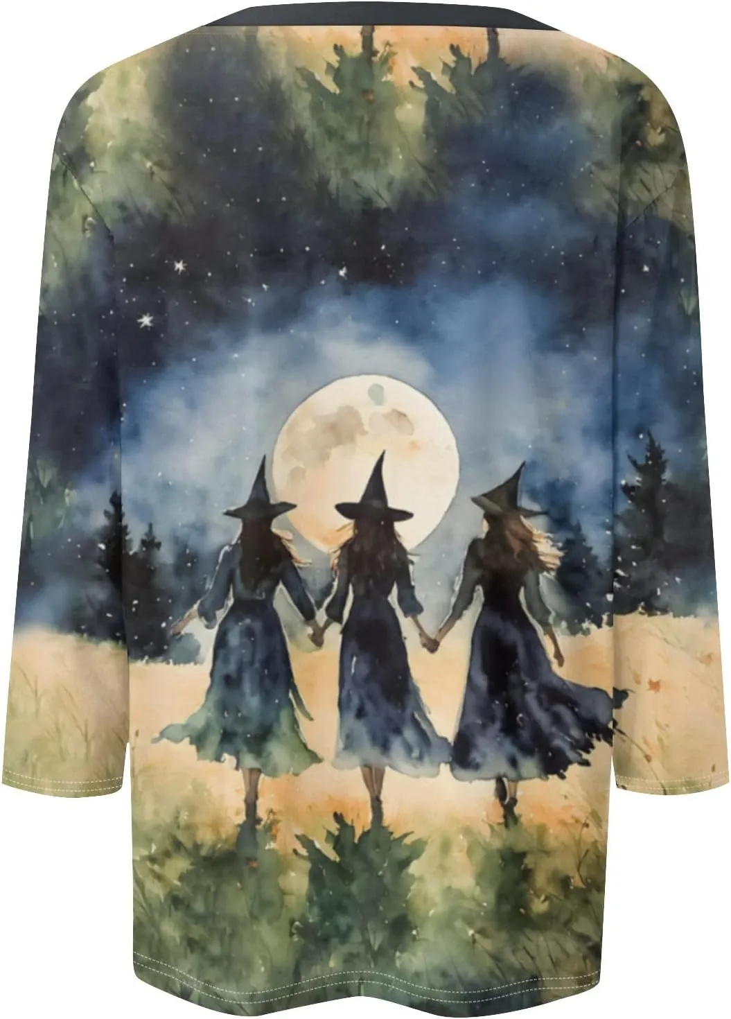 ZEFOTIM Womens Halloween Tops 3/4 Length Sleeve Crewneck Casual Scary Funny Shirts Ghost Bat Witch Tops