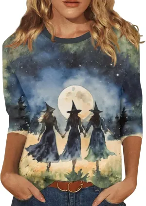 ZEFOTIM Womens Halloween Tops 3/4 Length Sleeve Crewneck Casual Scary Funny Shirts Ghost Bat Witch Tops