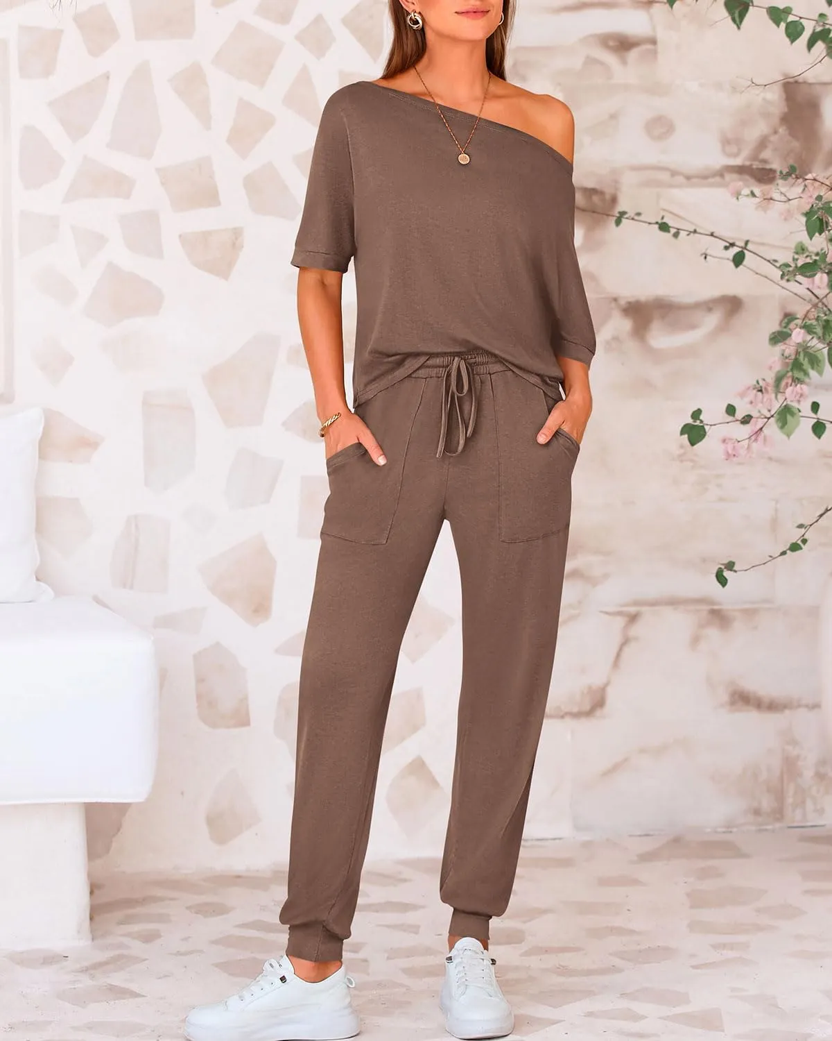Zenlonr Women Summer 2 Piece Outfits 2025 Off Shoulder Short Sleeve Tops Elastic Waist Drawstring Long Pants Tracksuit