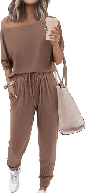 Zenlonr Women Summer 2 Piece Outfits 2025 Off Shoulder Short Sleeve Tops Elastic Waist Drawstring Long Pants Tracksuit