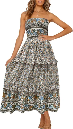 ZESICA Women's Summer Strapless Dress Off Shoulder Sleeveless High Waist Solid Color Beach Long Dresses