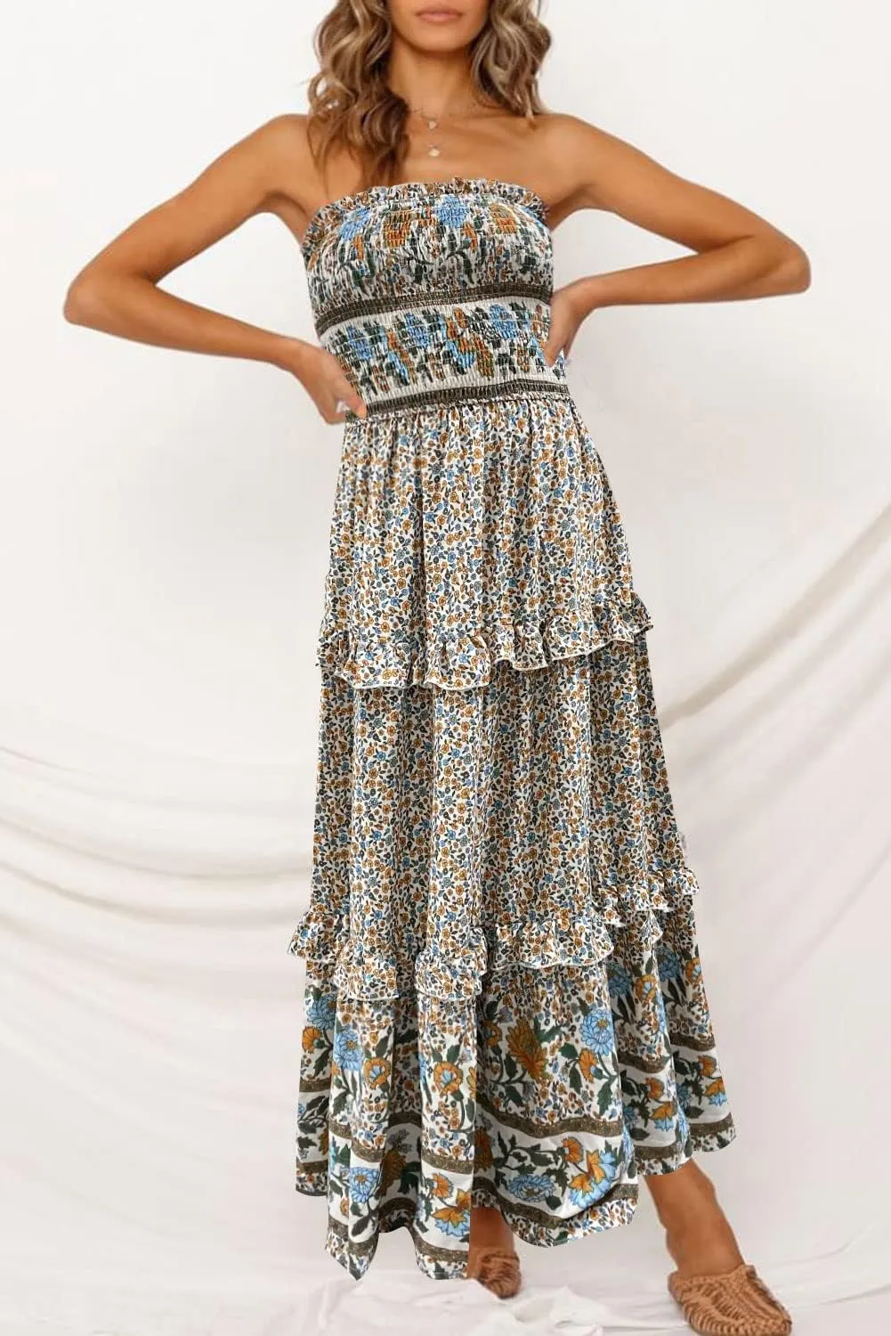 ZESICA Women's Summer Strapless Dress Off Shoulder Sleeveless High Waist Solid Color Beach Long Dresses