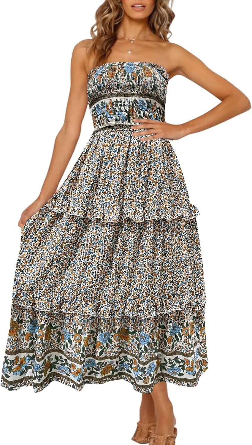 ZESICA Women's Summer Strapless Dress Off Shoulder Sleeveless High Waist Solid Color Beach Long Dresses