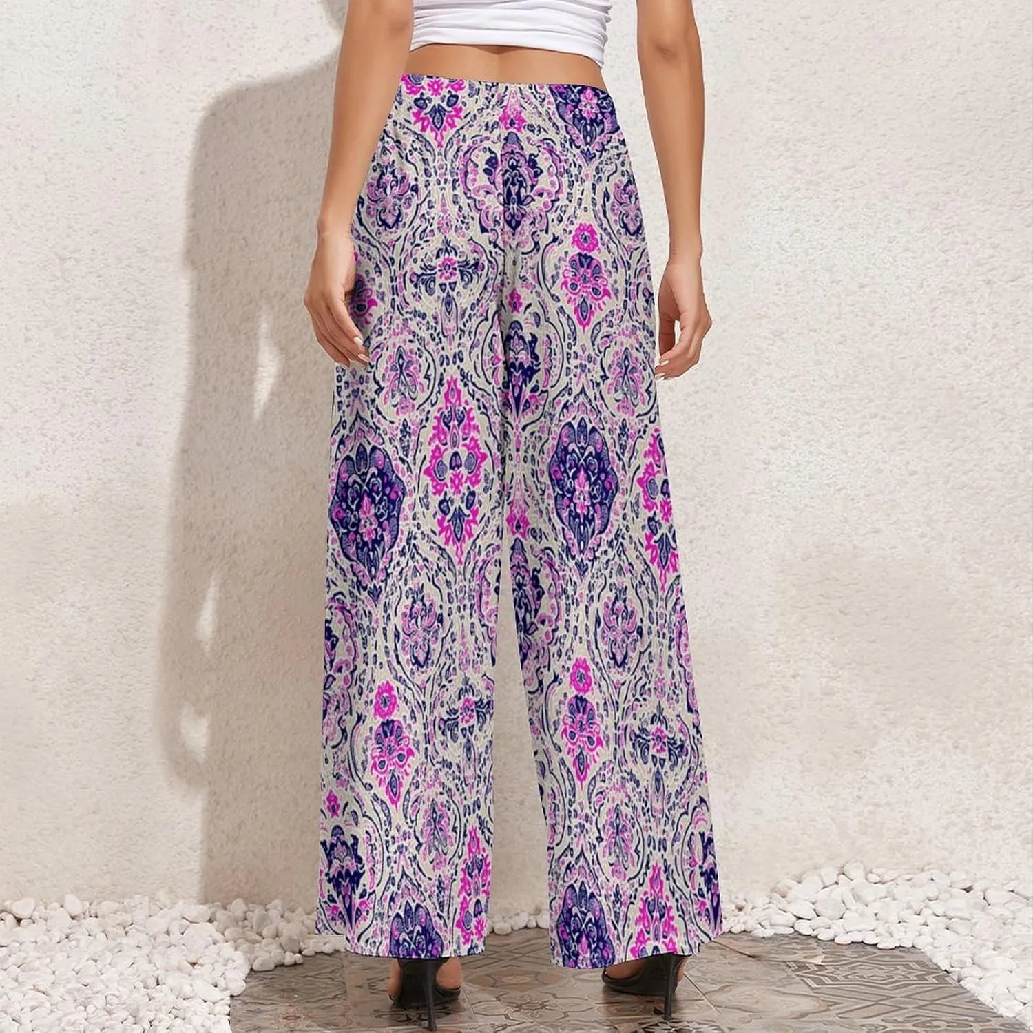 ZOCAVIA Women's Boho Wide Leg Pants 2025 Summer High Waist Floral Palazzo Pants Flowy Lounge Pants Beach Trousers Pockets