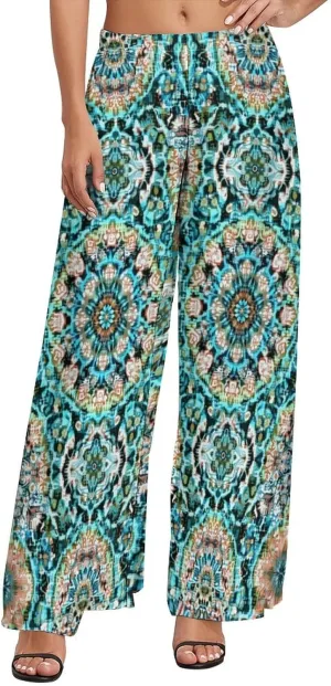 ZOCAVIA Women's Boho Wide Leg Pants 2025 Summer High Waist Floral Palazzo Pants Flowy Lounge Pants Beach Trousers Pockets