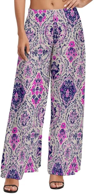 ZOCAVIA Women's Boho Wide Leg Pants 2025 Summer High Waist Floral Palazzo Pants Flowy Lounge Pants Beach Trousers Pockets