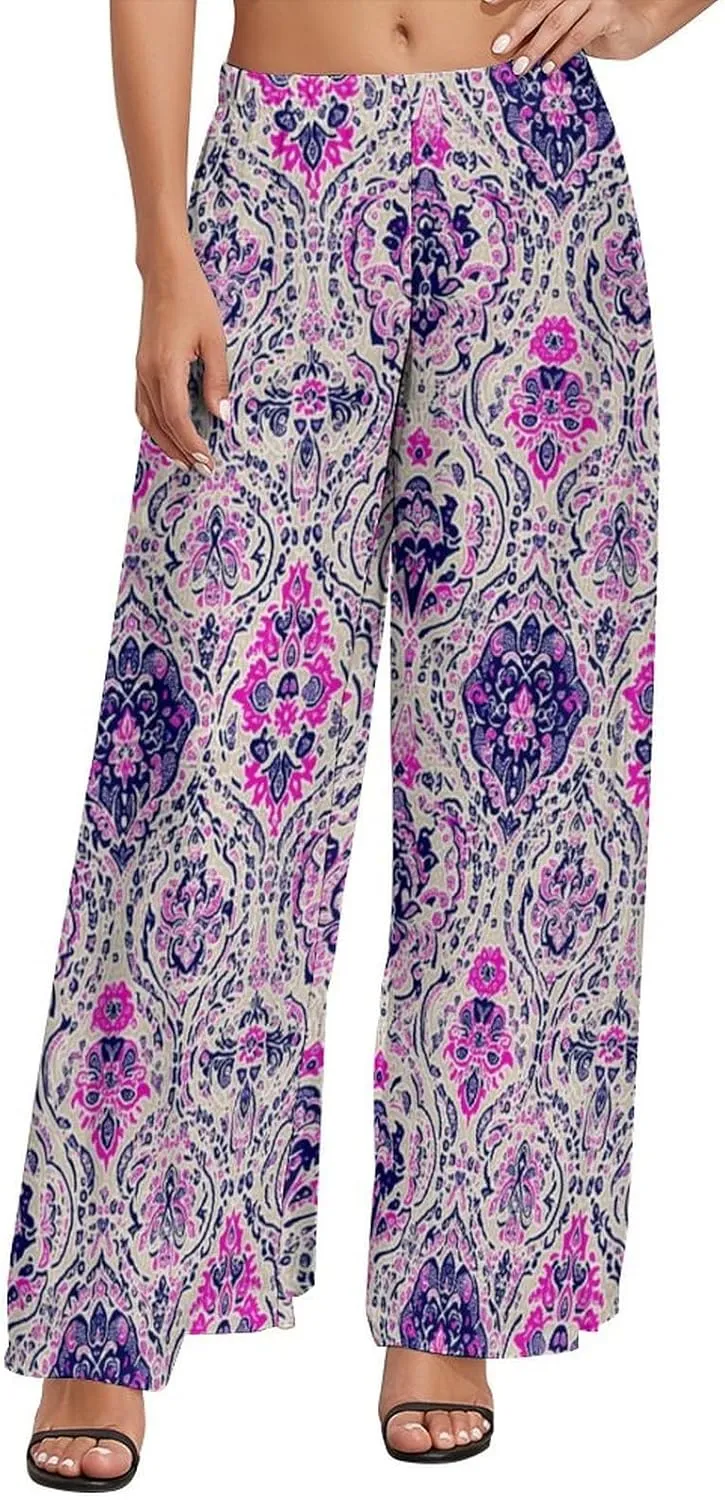 ZOCAVIA Women's Boho Wide Leg Pants 2025 Summer High Waist Floral Palazzo Pants Flowy Lounge Pants Beach Trousers Pockets