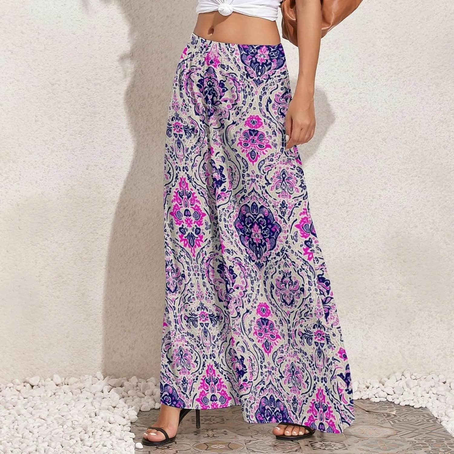 ZOCAVIA Women's Boho Wide Leg Pants 2025 Summer High Waist Floral Palazzo Pants Flowy Lounge Pants Beach Trousers Pockets