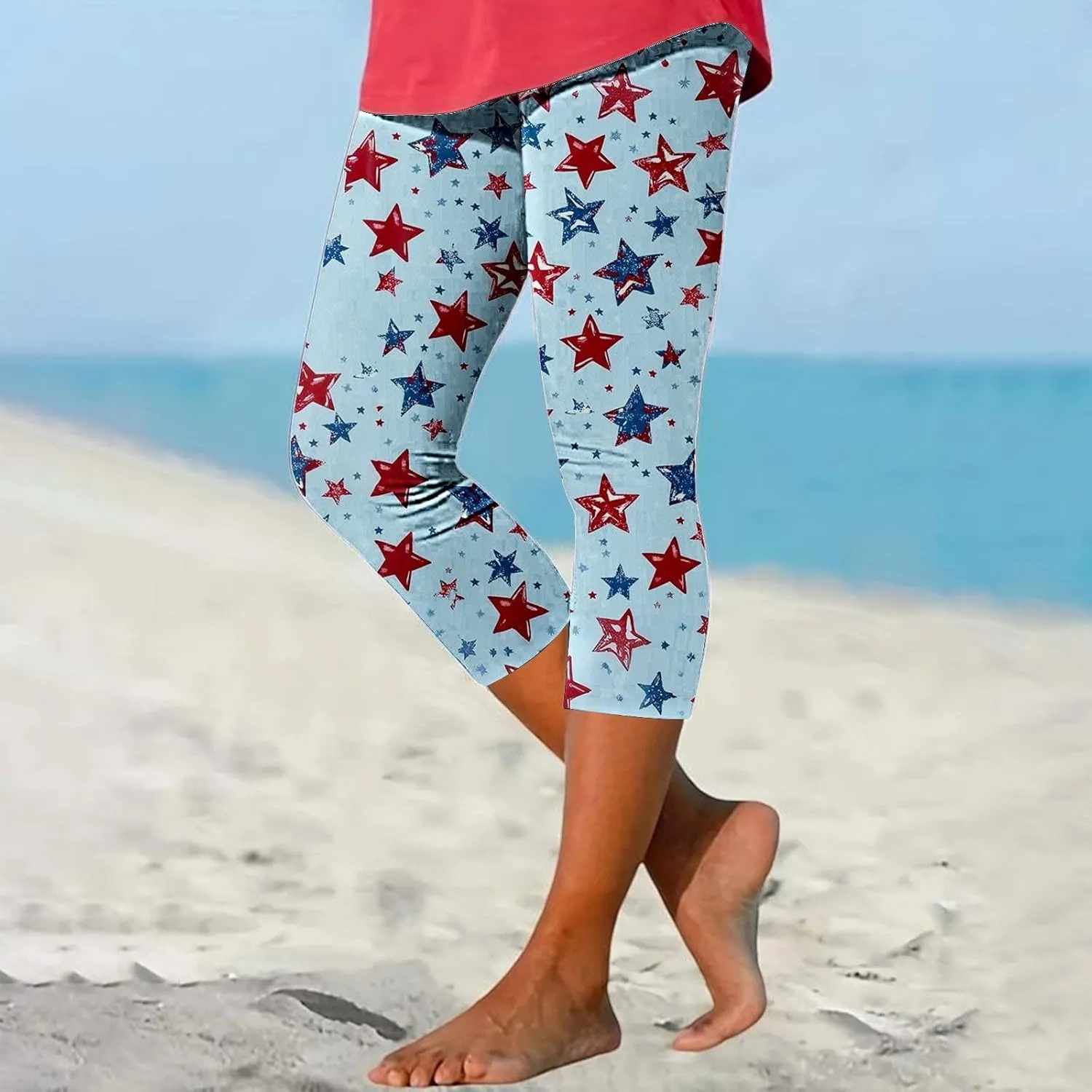 ZYXTIM American Flag Capri Leggings for Women Stretch Yoga Pants 4th of July Patriotic Star Stripes Patterned Casual Trousers