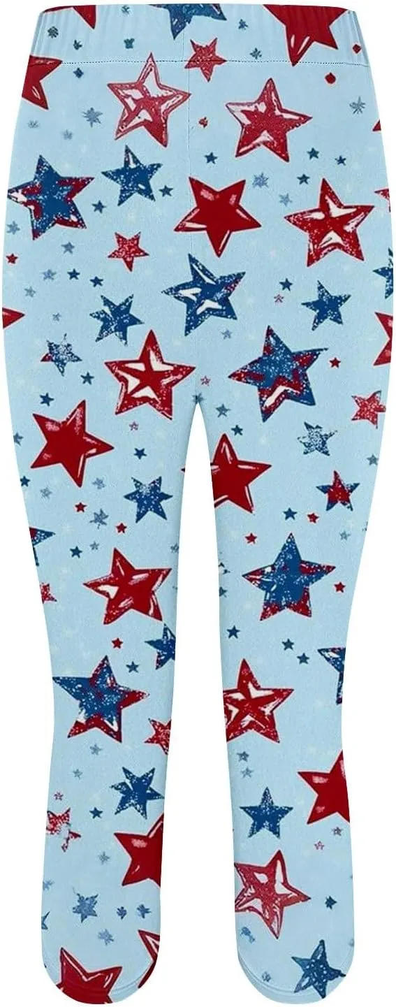 ZYXTIM American Flag Capri Leggings for Women Stretch Yoga Pants 4th of July Patriotic Star Stripes Patterned Casual Trousers
