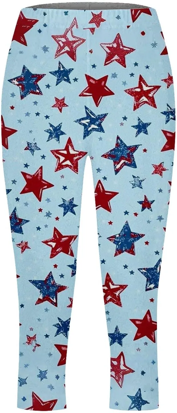 ZYXTIM American Flag Capri Leggings for Women Stretch Yoga Pants 4th of July Patriotic Star Stripes Patterned Casual Trousers