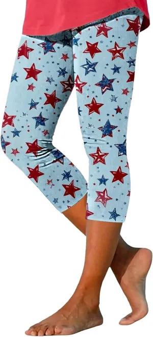 ZYXTIM American Flag Capri Leggings for Women Stretch Yoga Pants 4th of July Patriotic Star Stripes Patterned Casual Trousers